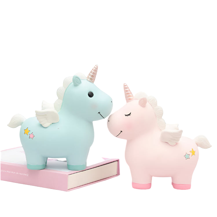 Two unicorn plush toys, one blue and one pink, on a light background.