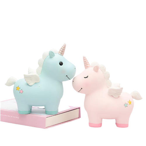 Two unicorn plush toys, one blue and one pink, on a light background.