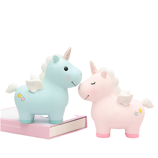 Two unicorn plush toys, one blue and one pink, on a light background.