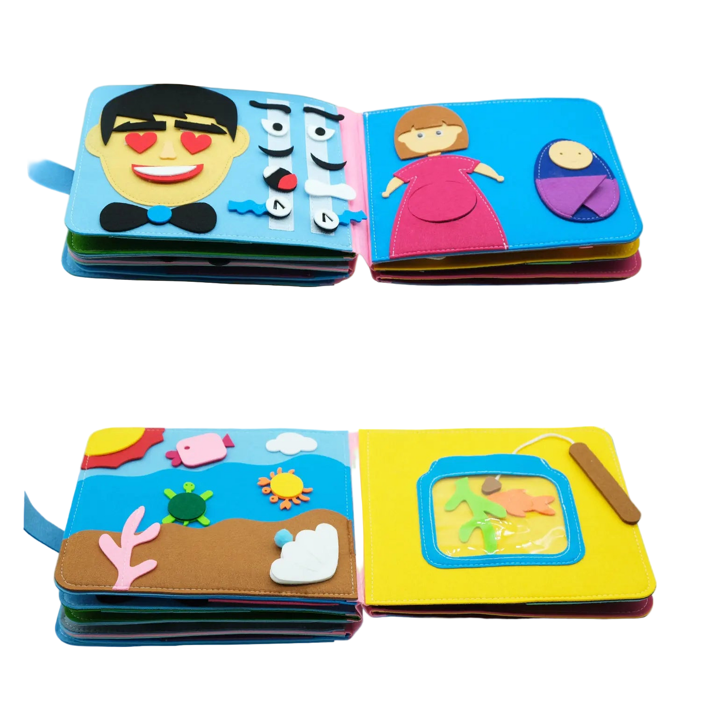Educational books with felt stickers on a colorful background
