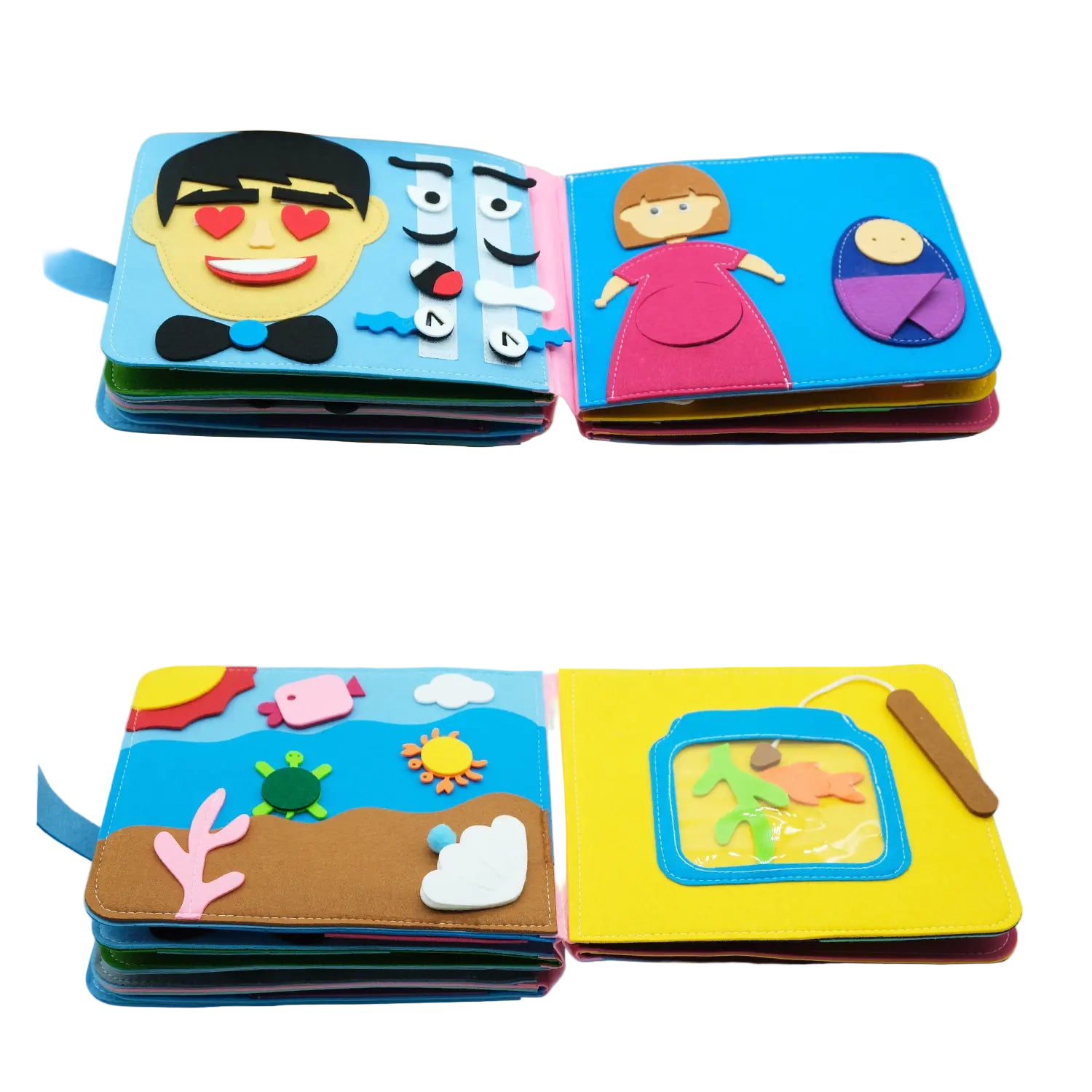Educational books with felt stickers on a colorful background