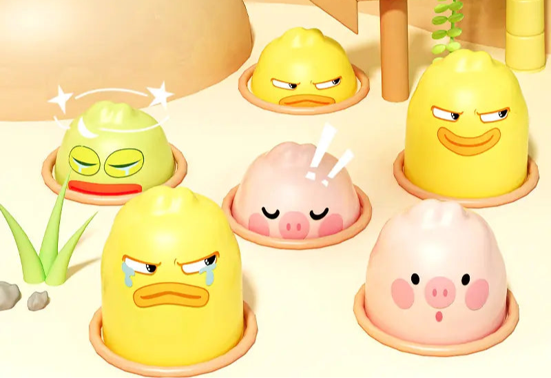 Set of cartoon animal figurines with expressions on a sandy background