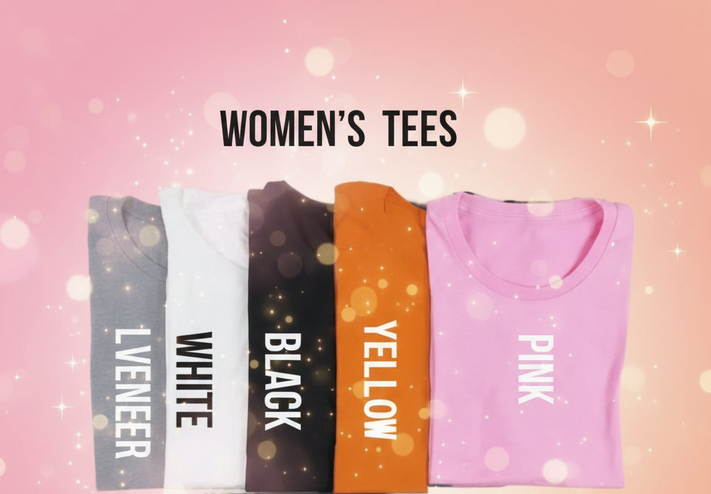 Five women's tees in different colors with text labels on a beige background.