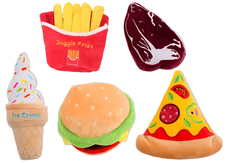 Set of plush toys resembling food items on a white background