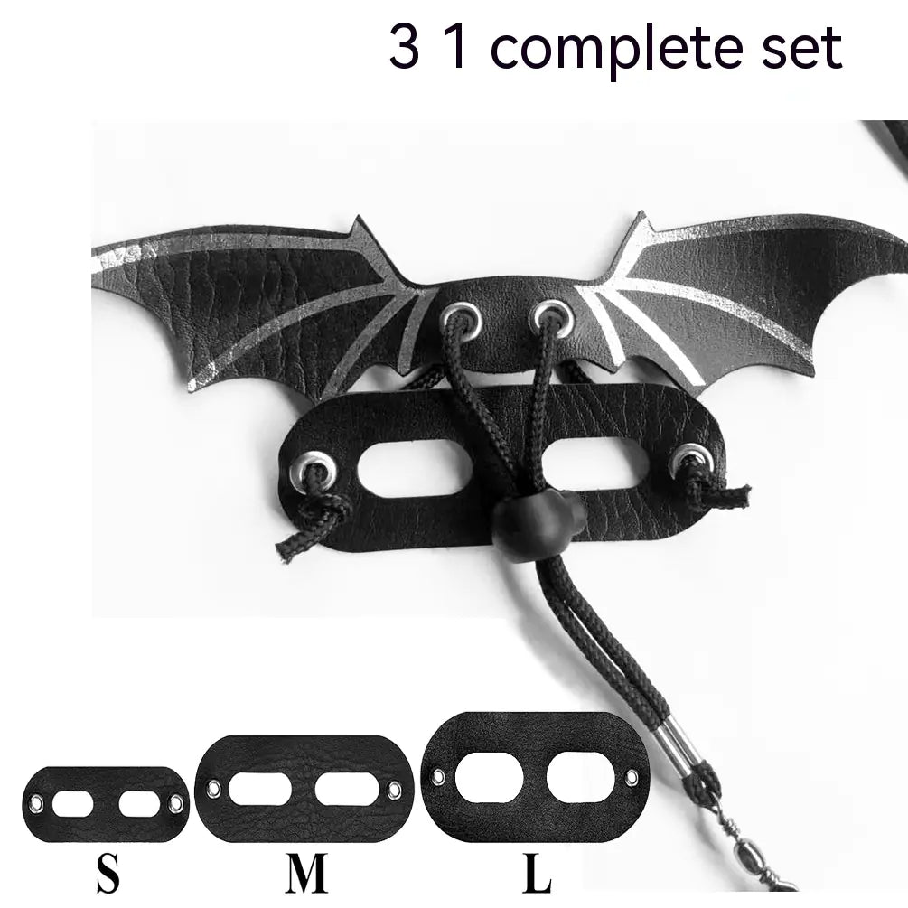 Black bat-shaped mask with laces and size indicators on a white background