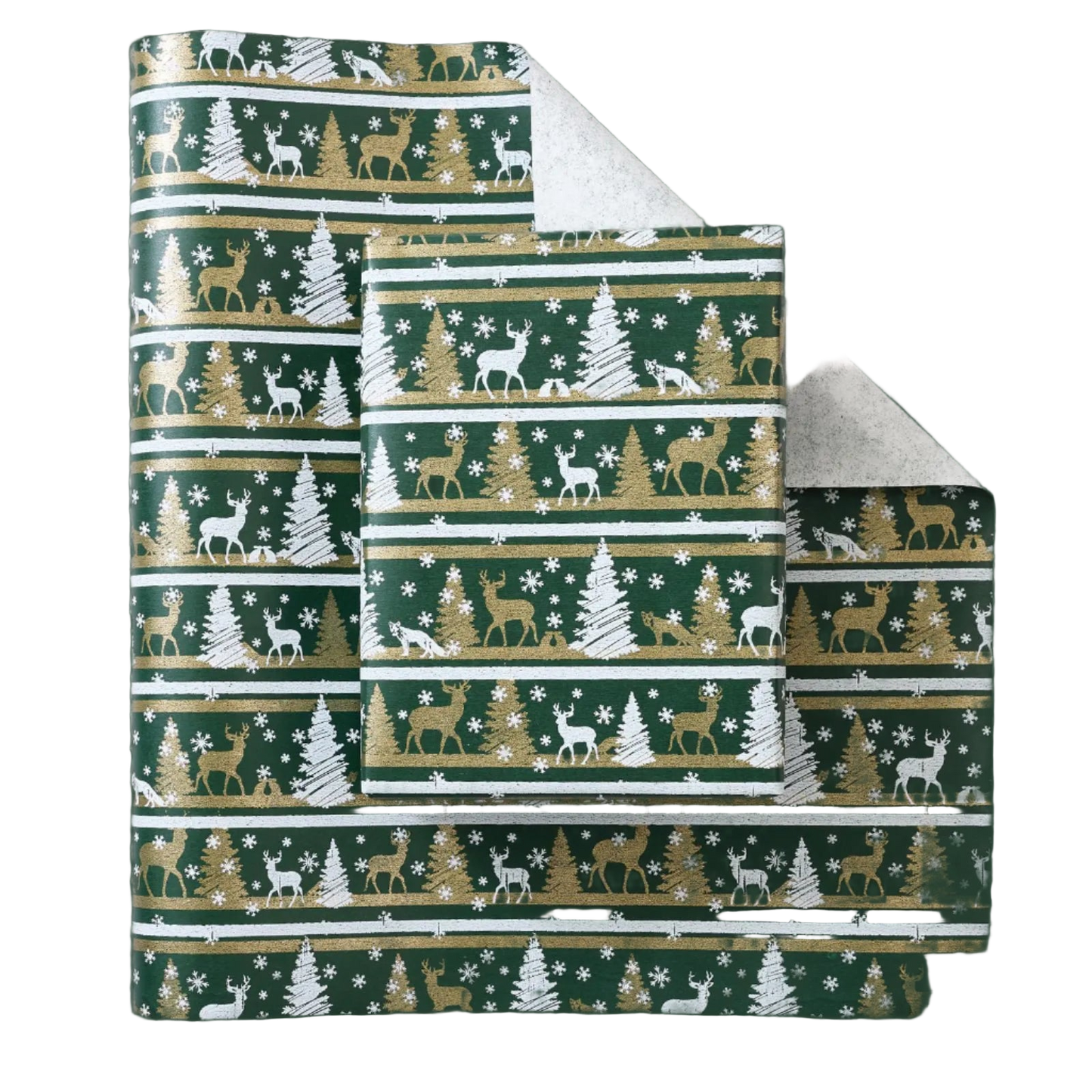 Christmas-themed wrapping paper with reindeer, trees, and snowflakes on a green background.