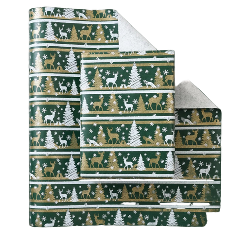 Christmas-themed wrapping paper with reindeer, trees, and snowflakes on a green background.