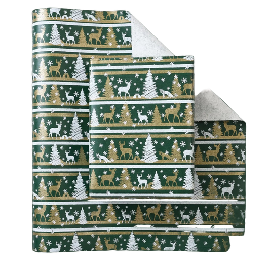 Christmas-themed wrapping paper with reindeer, trees, and snowflakes on a green background.