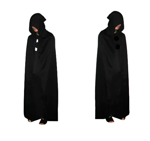 Two black hooded cloaks worn by models on a white background