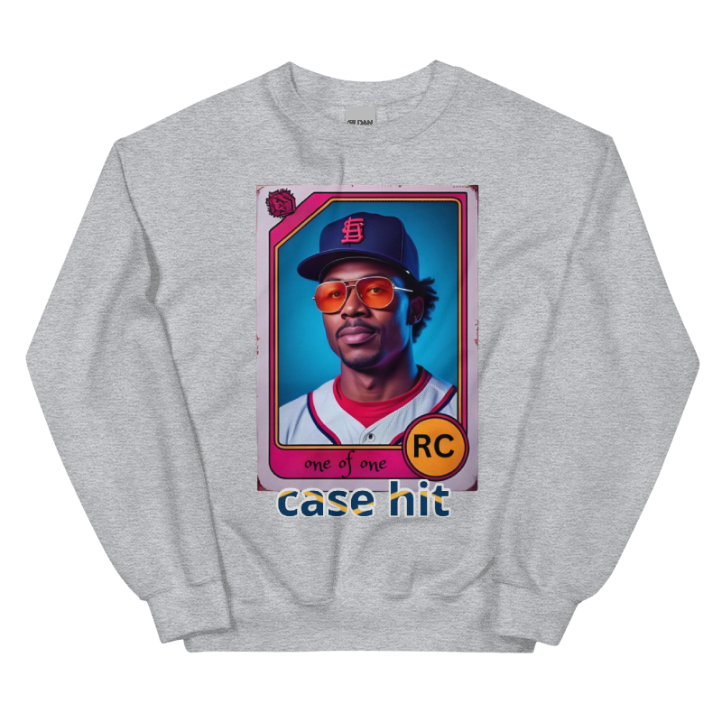 Gray sweatshirt with a graphic of a person in a baseball card style design on a white background