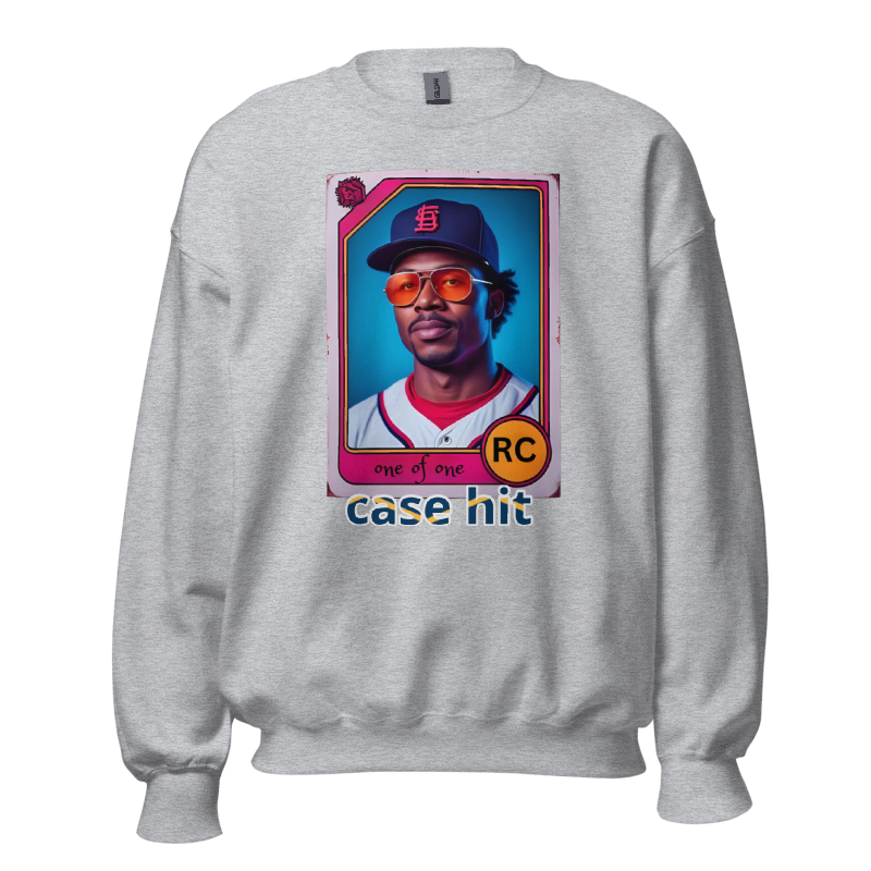 Gray sweatshirt with a graphic of a baseball player in a card format on a white background