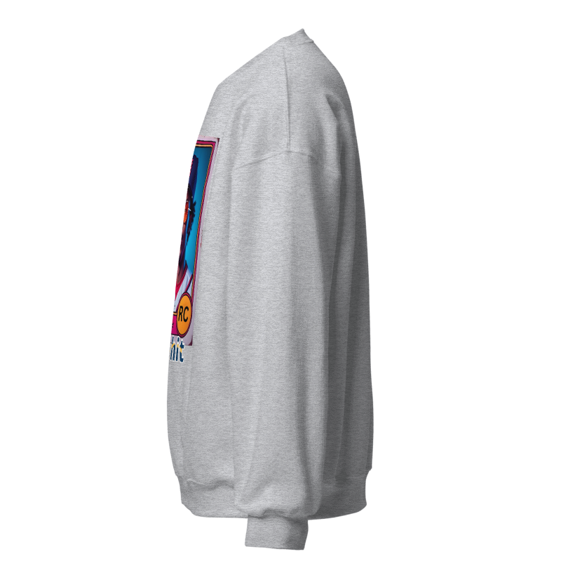 Gray sweatshirt with colorful graphic on sleeve against a white background