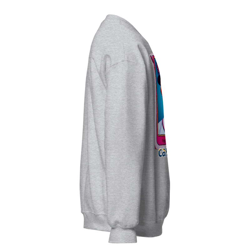 Gray sweatshirt with colorful graphic on a white background