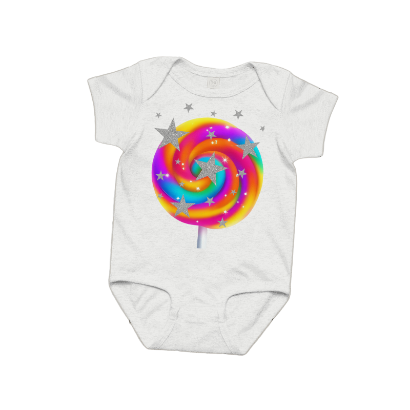 White baby onesie with a colorful lollipop design on a wooden surface