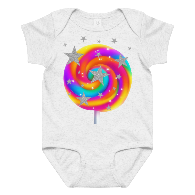 White baby onesie with a colorful lollipop design on a white background