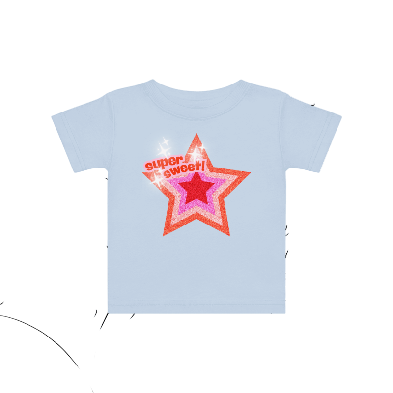 Light blue t-shirt with a red star and text on a white background with black line art.