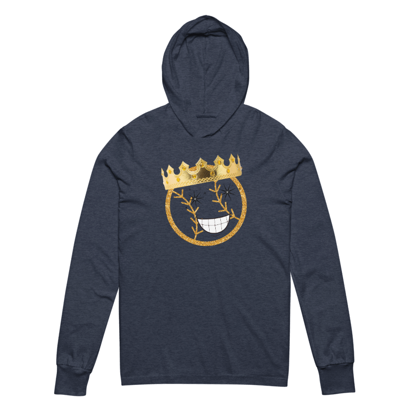 Navy hoodie with gold graphic design on a white background