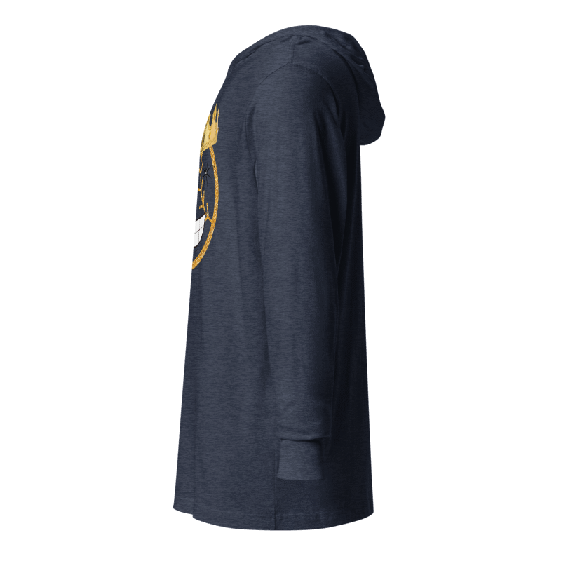 Navy blue hoodie with a logo on the chest against a white background