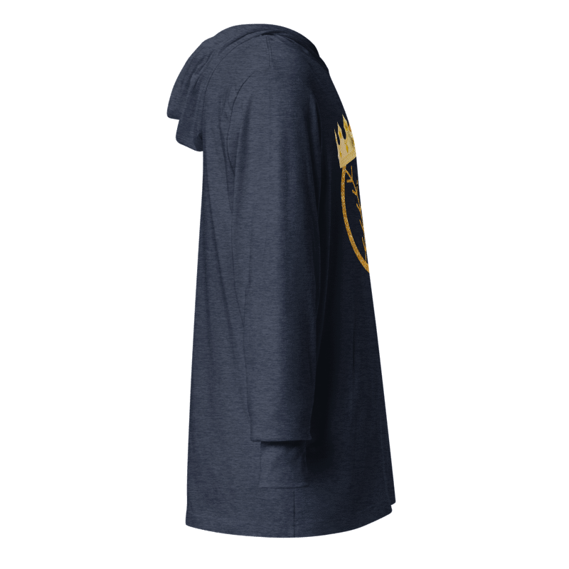 Navy blue hoodie with a gold logo on a white background