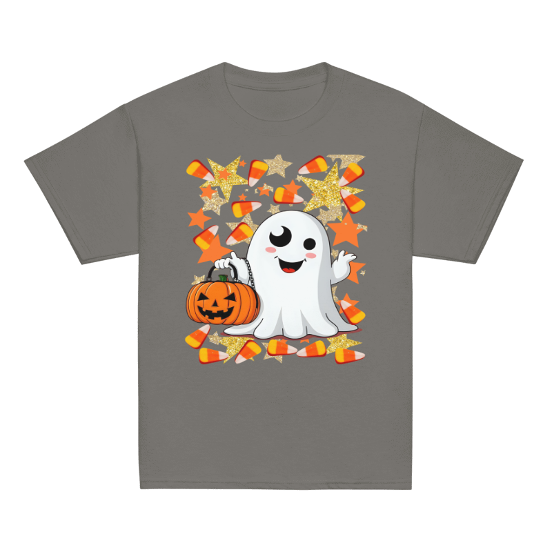 Gray t-shirt with a Halloween-themed design featuring a ghost, pumpkin, and candy corn on a white background.