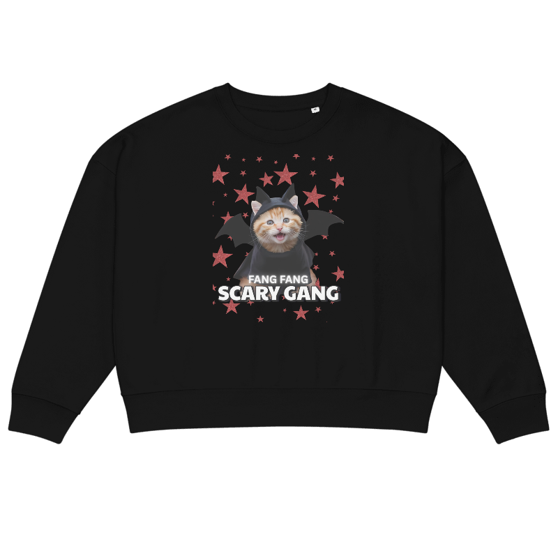 Black sweatshirt with a graphic of a cat in a bat costume and 'Fang Fang Scary Gang' text on a white background