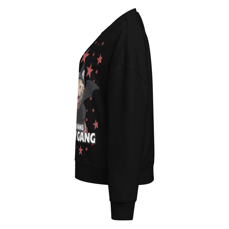 Black sweatshirt with graphic design and text on a white background
