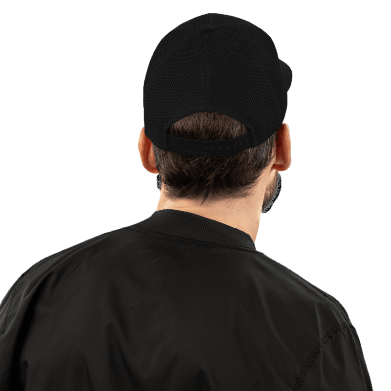 Person wearing a black cap and black shirt from behind on a white background