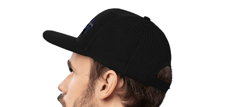 Man wearing a black cap and black shirt on a white background