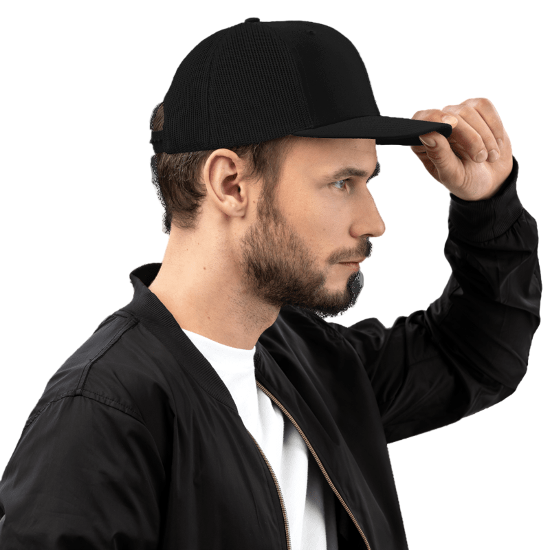 Man wearing a black cap and black jacket on a white background