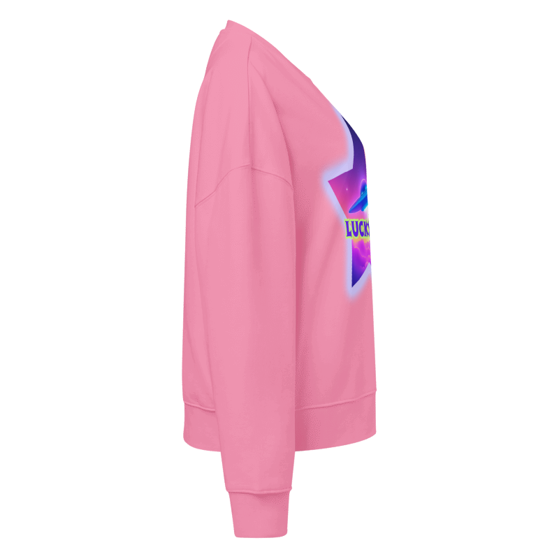 Pink sweatshirt with a colorful graphic on the sleeve against a white background