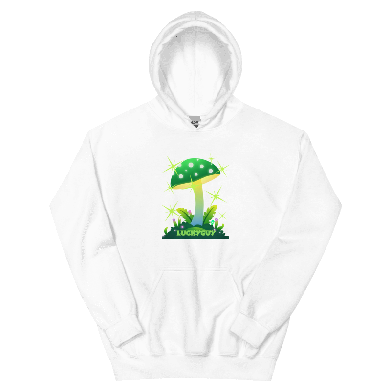 White hoodie with a green mushroom graphic and 'LUCKYBUG' text on a white background