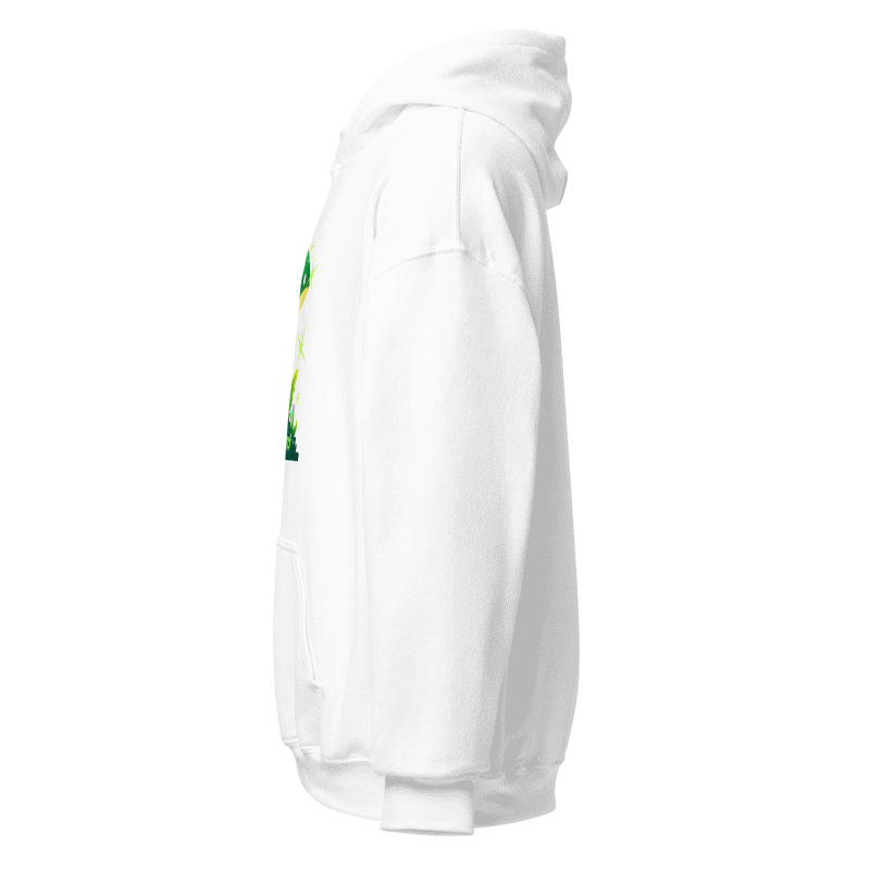 White hoodie with a colorful graphic on the sleeve against a white background