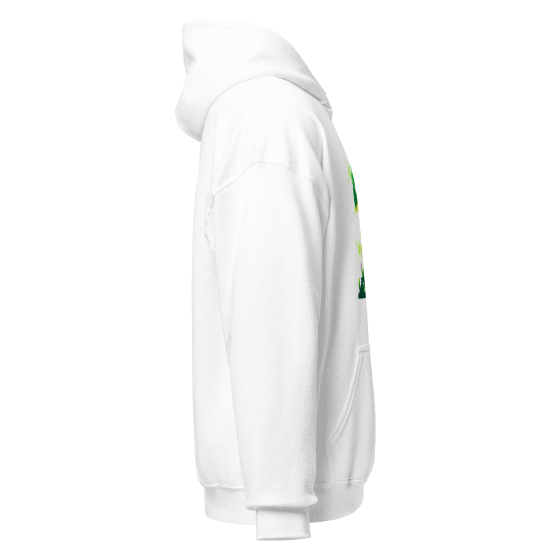 White hoodie with a green graphic on the sleeve against a white background