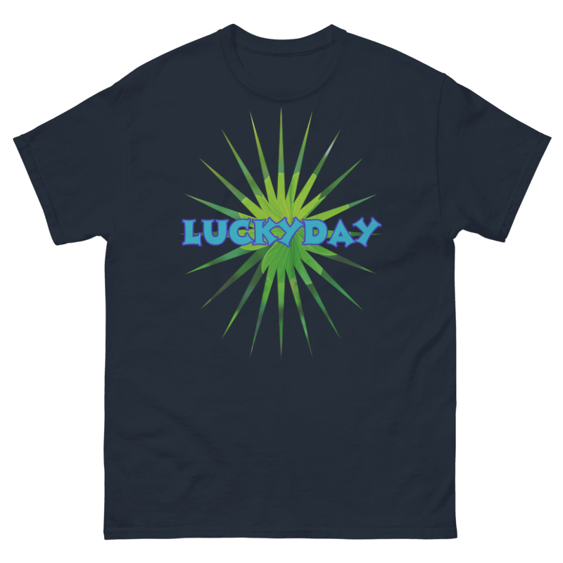 Navy blue t-shirt with 'LUCKYDAY' graphic design on a white background