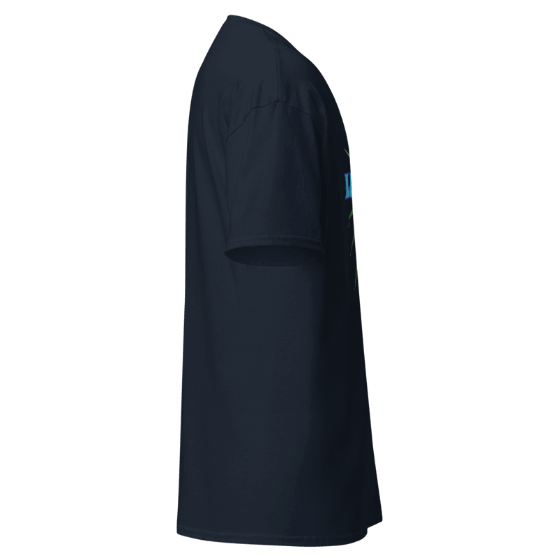 Black t-shirt with a small blue logo on a white background