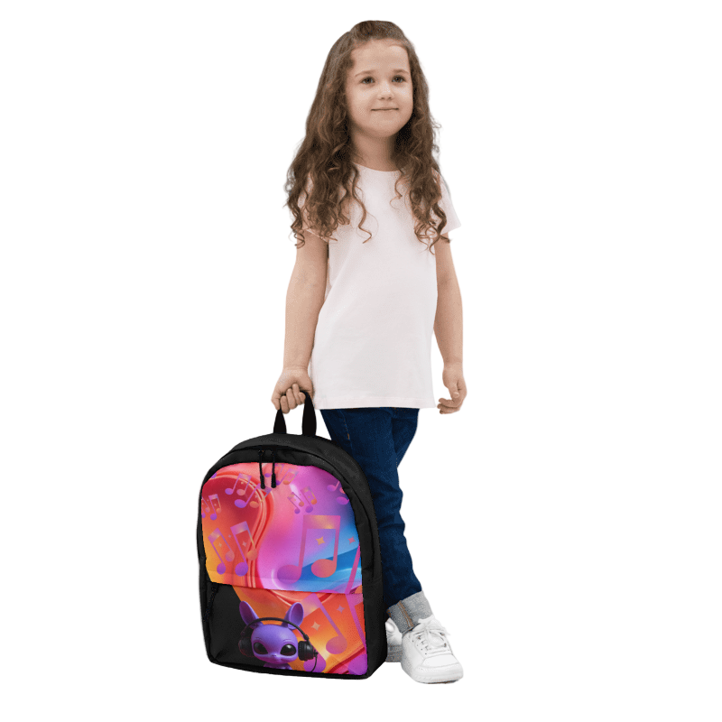 Child holding a colorful backpack with a design on a plain background
