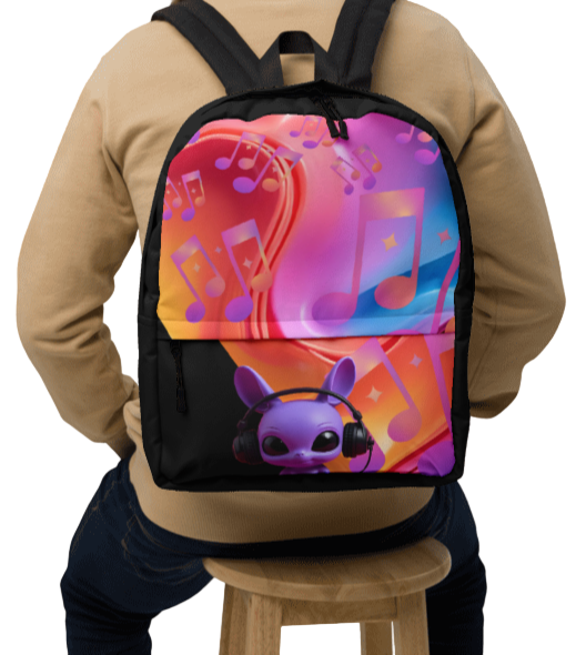 Person wearing a colorful backpack with a cartoon character on a gray background