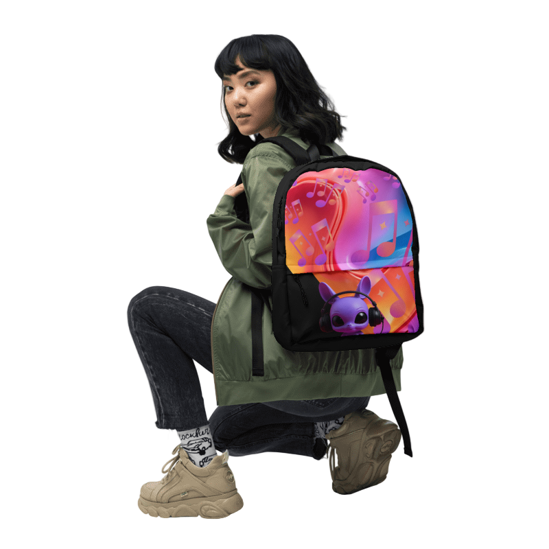 Person wearing a colorful backpack with a cartoon character on a white background