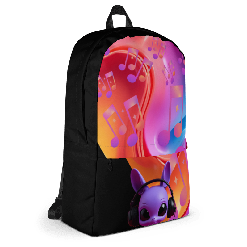 Black backpack with a colorful design of a cartoon character wearing headphones and musical notes.