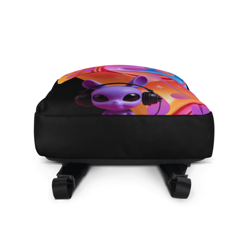 Black suitcase with a colorful design of a cartoon character on a white background
