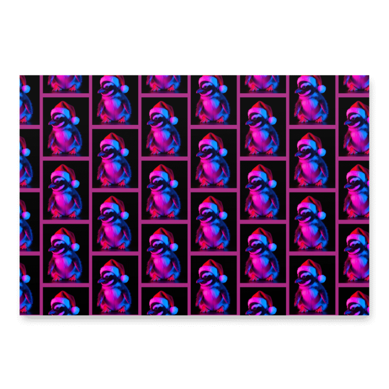 Pattern of a cartoon character wearing a Santa hat on a black background with pink and blue tones.