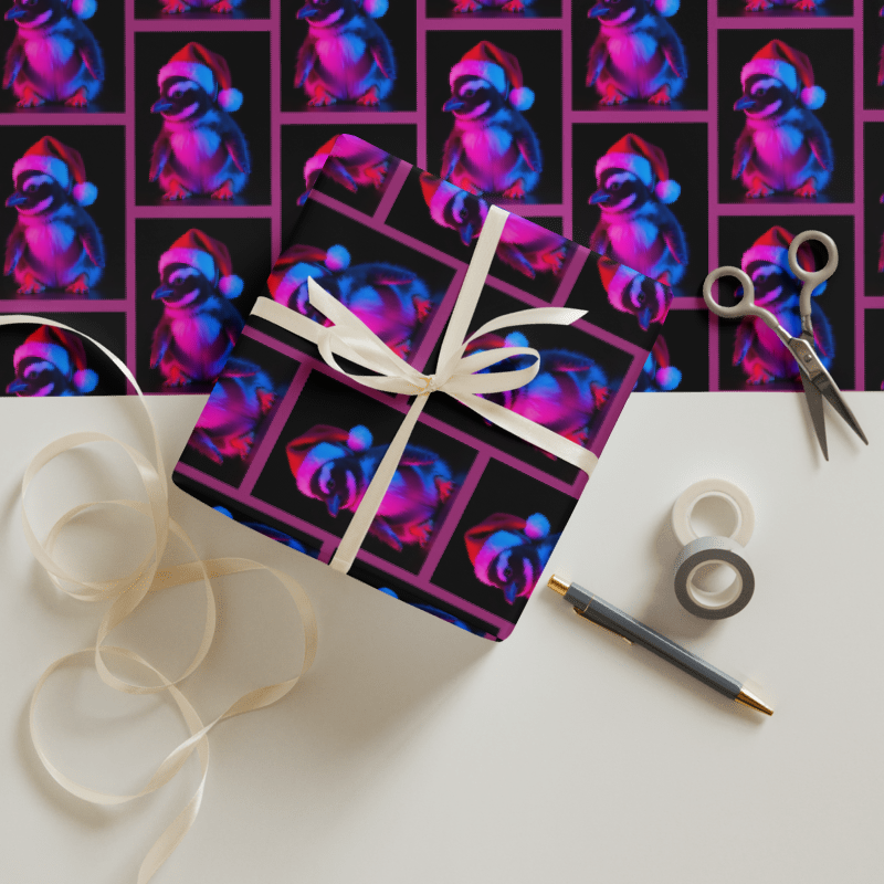 Gift wrapped in colorful paper with a pattern of cartoon characters, ribbon, scissors, and tape on a white surface.