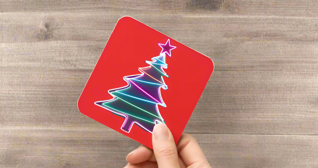 Hand holding a red card with a colorful Christmas tree design on a white background