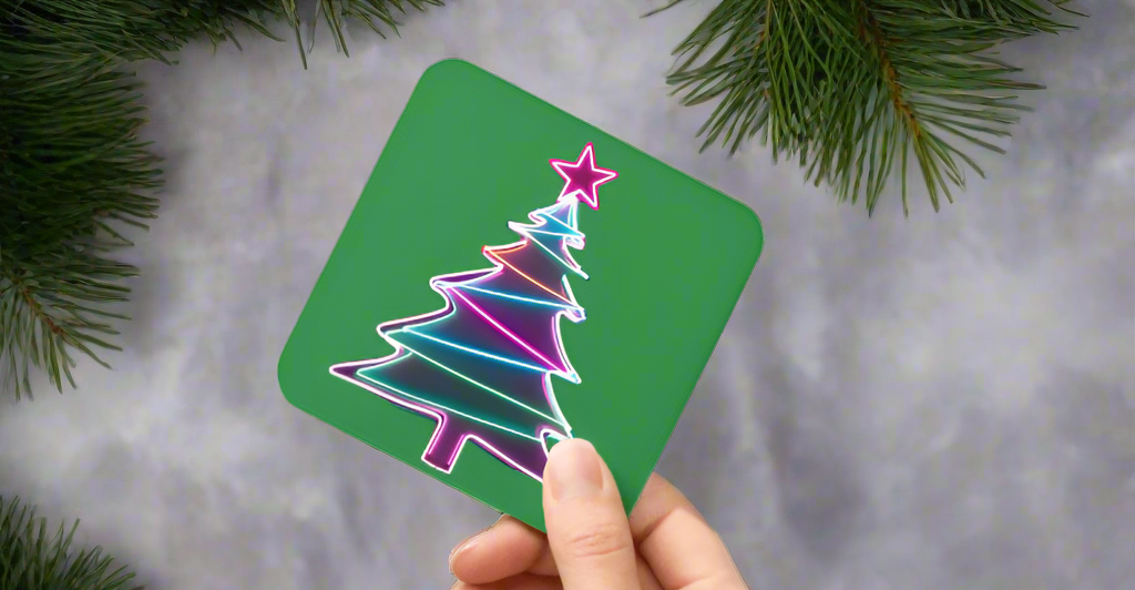 Hand holding a card with a colorful Christmas tree design against a blurred natural background