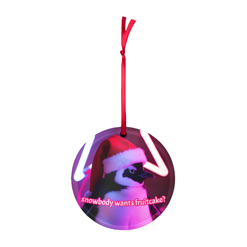 Round ornament with a penguin wearing a Santa hat and text 'snowbody wants fruitcake?' on a white background.