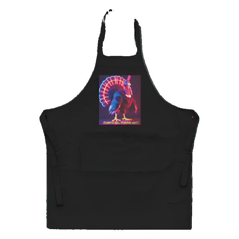 Black apron with a colorful turkey graphic on a white background