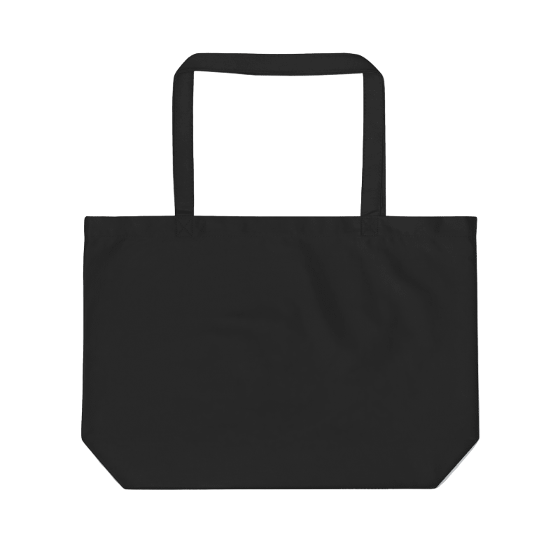 Black tote bag on a light gray background with cotton branches