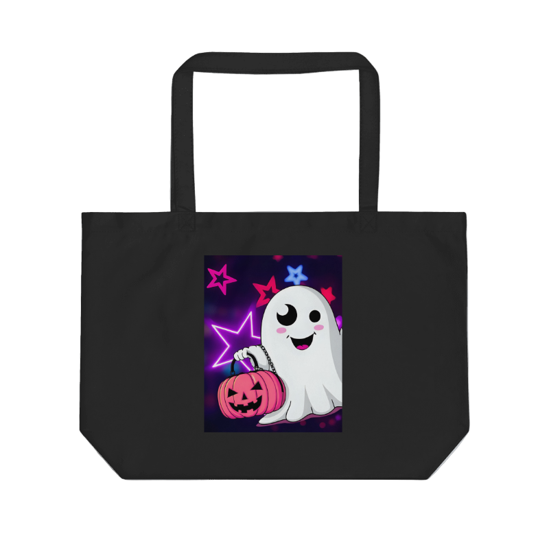 Black tote bag with a ghost holding a pink pumpkin on a light gray background with cotton branches.