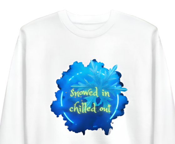 White sweatshirt with blue splatter design and text on a white background