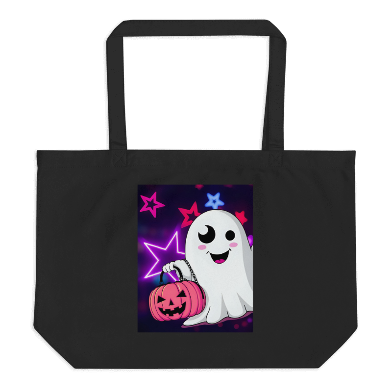 Black tote bag with a cartoon ghost holding a pink pumpkin and stars on a white background